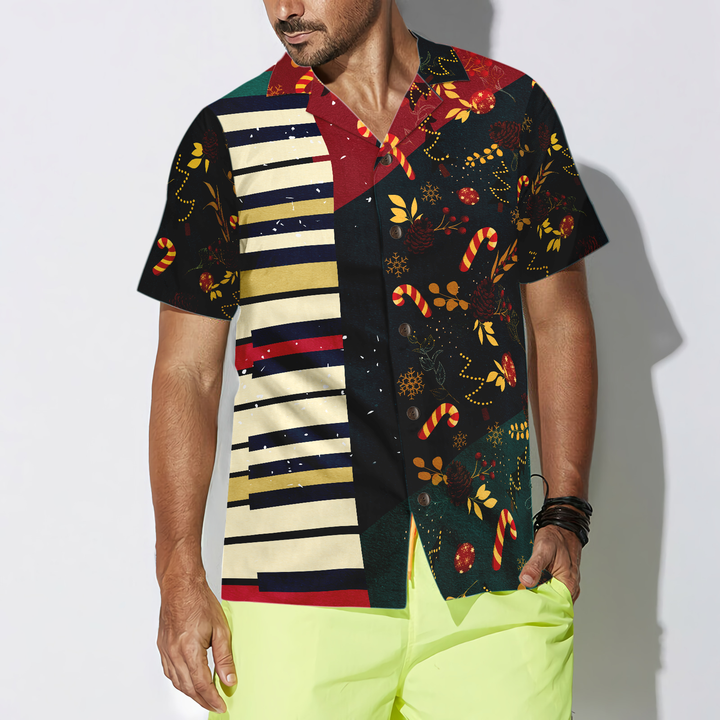 Drune | Hyperfavor Weihnachtsmuster mit Klavier Hawaii-Hemd, Weihnachtshemden Kurzarm Button-Down-Hemd für Männer und Frauen