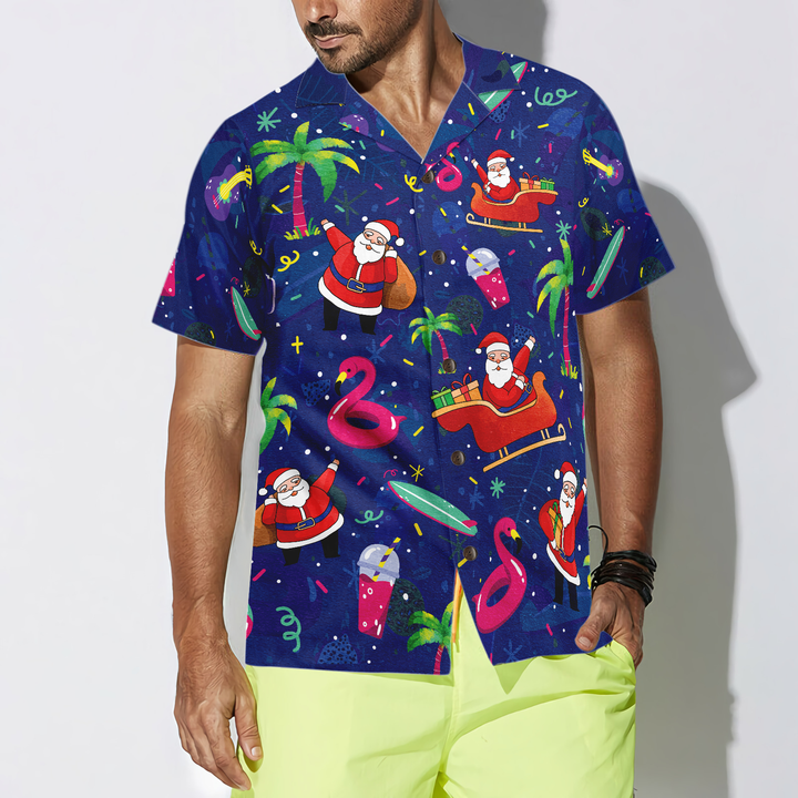 Drune | Hyperfavor Weihnachts-Hawaiian-Shirts, Santa Flamingo tropisches Mustershirt Kurzarm, Weihnachtshemd Geschenkidee für Männer und Frauen