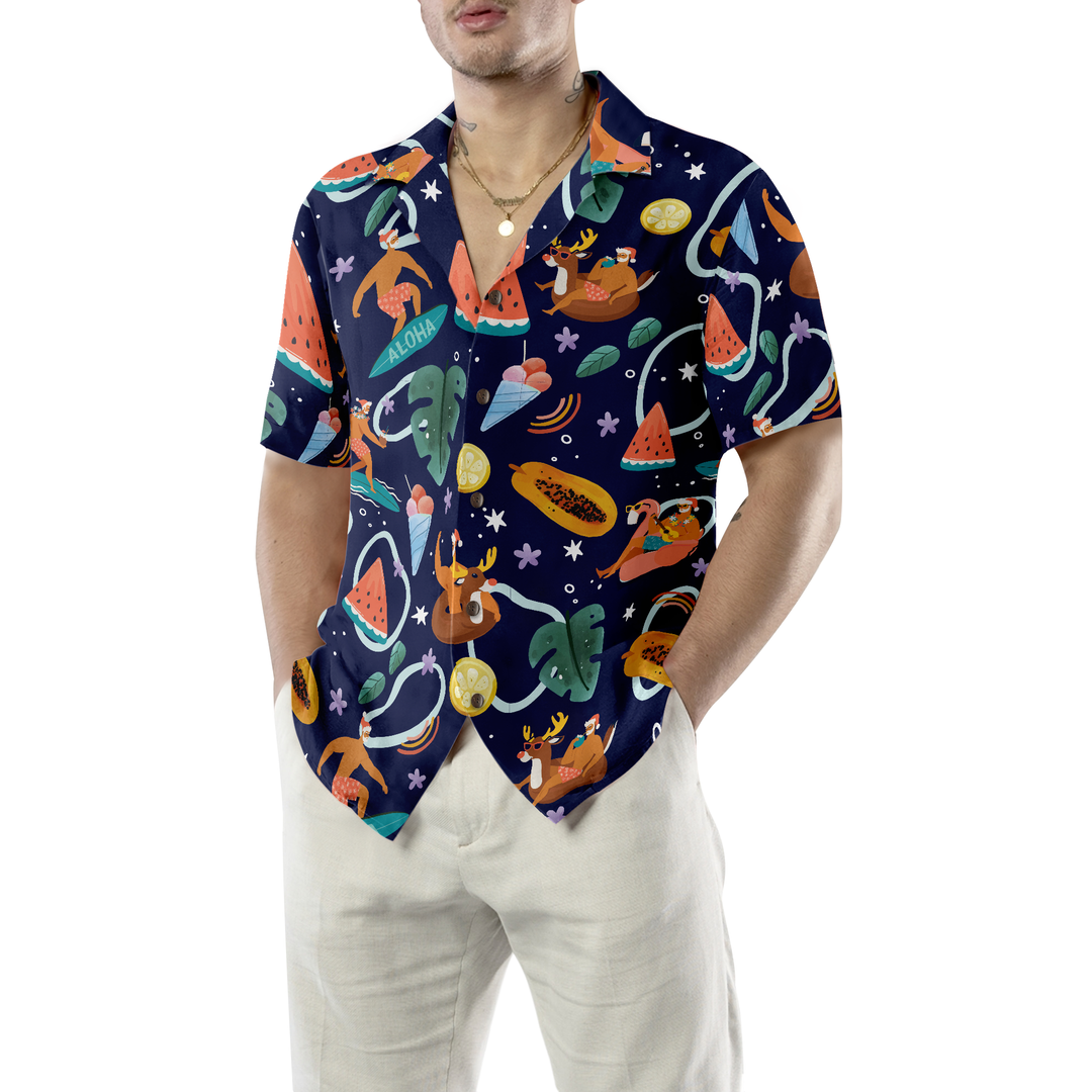 Drune | Hyperfavor Santa Beach 1 Muster Hawaiian Shirt, Weihnachtshemden Kurzarm Button-Down-Shirt für Männer und Frauen