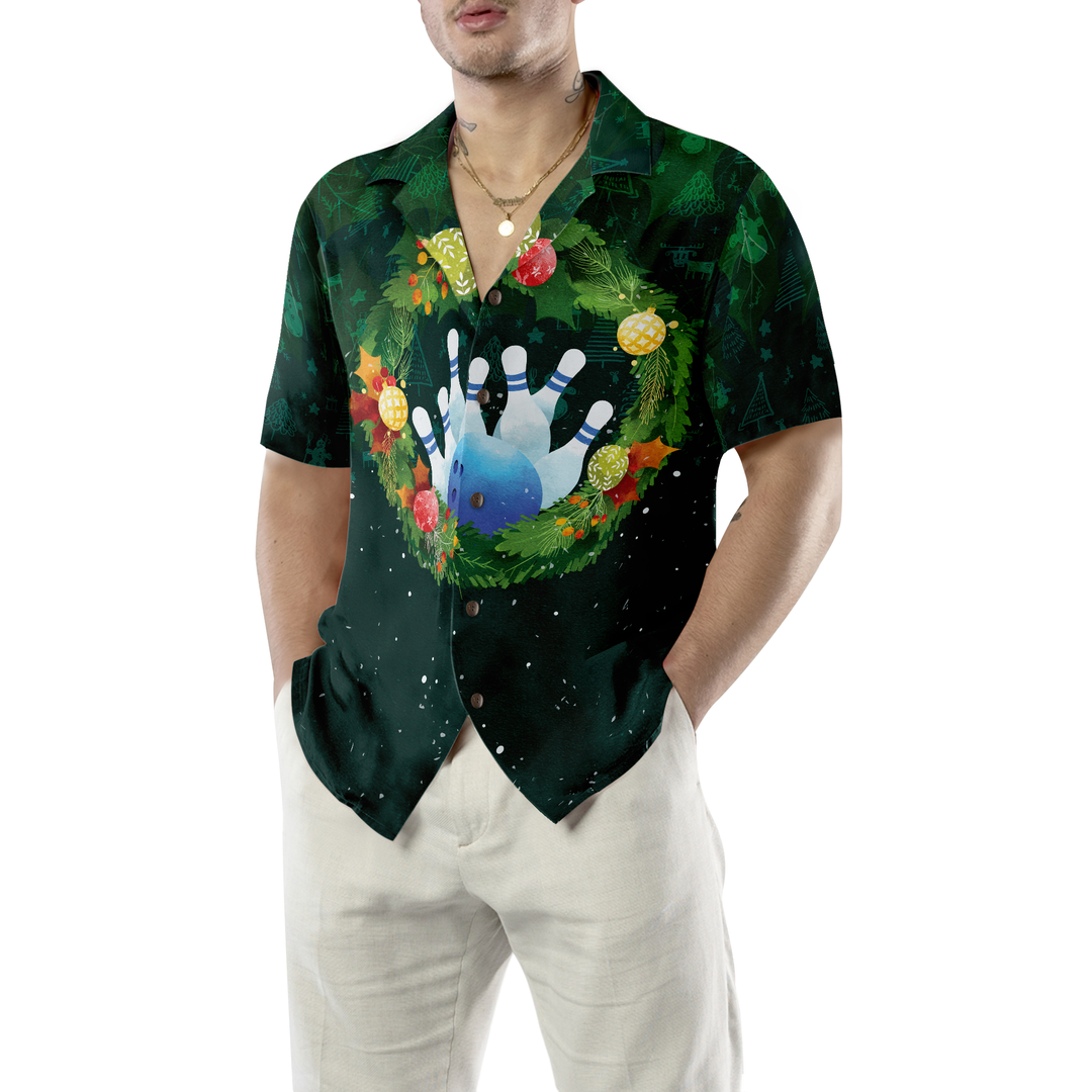 Drune | Hyperfavor Weihnachts-Hawaiian-Shirts für Männer und Frauen, Weihnachtskranz Bowling Hawaiian Shirt Knopfkragen Kurzarm