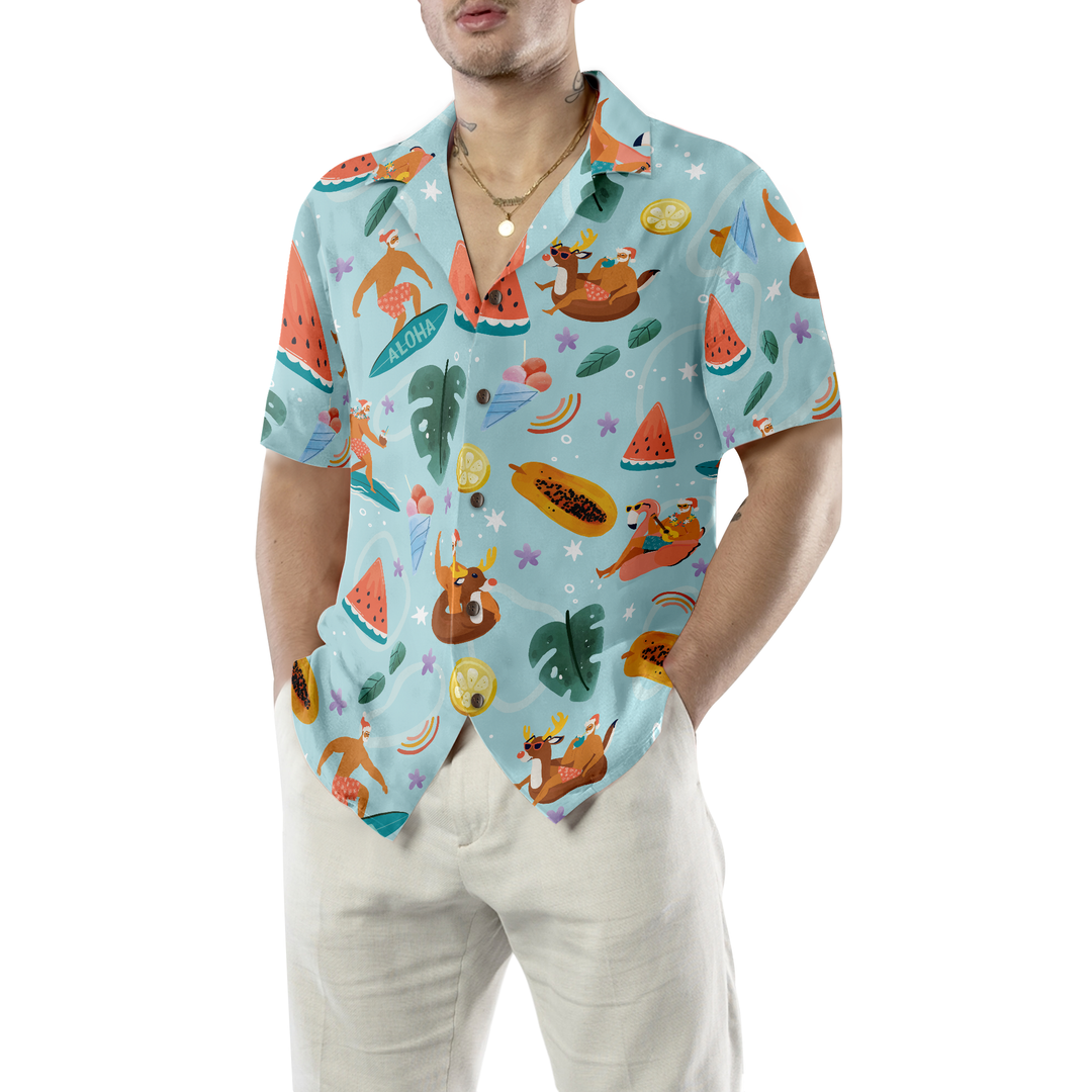 Drune | Hyperfavor Santa Beach 2 Muster Hawaiihemd, Weihnachtshemden Kurzarm Button-Down-Hemd für Männer und Frauen