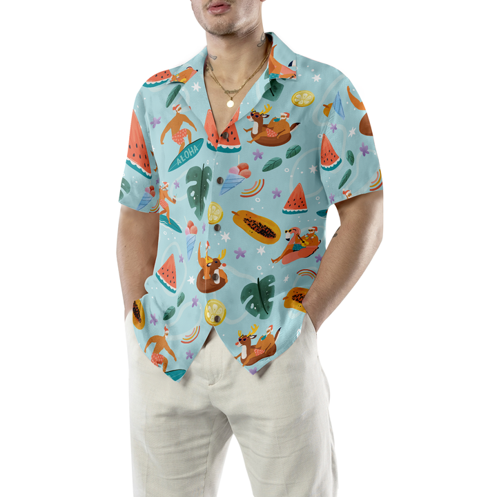 Drune | Hyperfavor Santa Beach 2 Muster Hawaiihemd, Weihnachtshemden Kurzarm Button-Down-Hemd für Männer und Frauen
