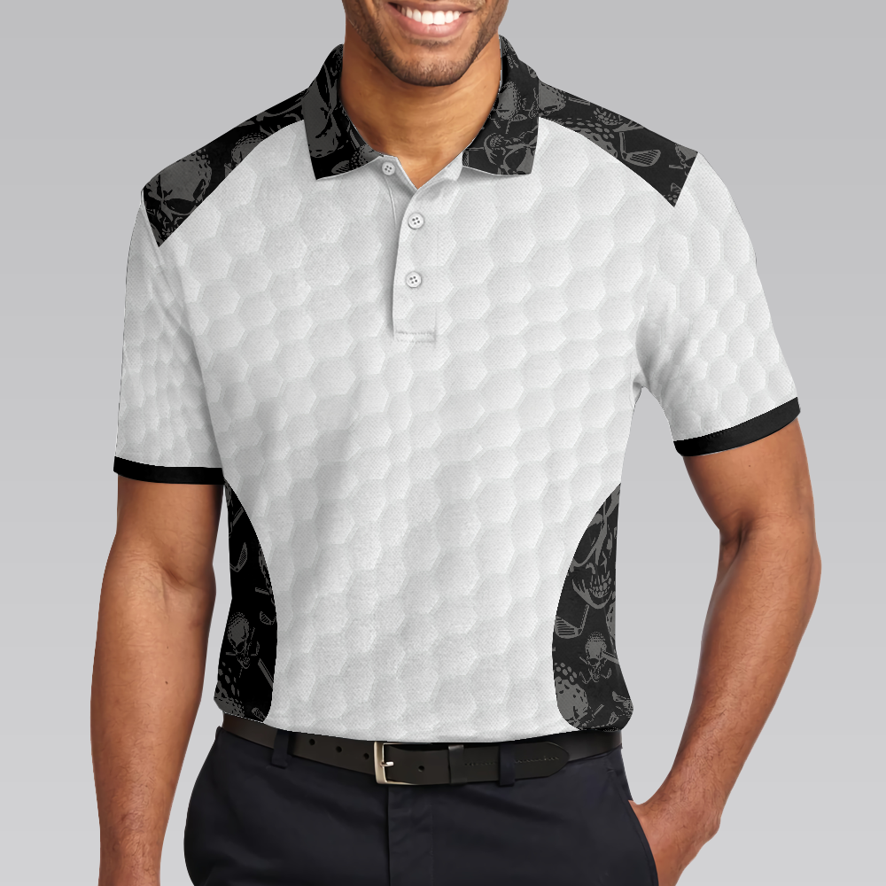 Drune | Grip It Rip It Sip It Golf Weißes Polohemd, Totenkopf-Musterhemd für Weihnachten, Gruselige Geschenkidee für Golfer