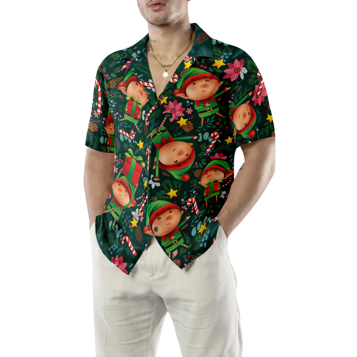 Drune | Hyperfavor Weihnachts-Hawaiianhemden, Das Weihnachts-Elf Mit Dunkelgrünem Muster Kurzarmhemd, Weihnachtshemd Geschenkidee Für Männer Und Frauen
