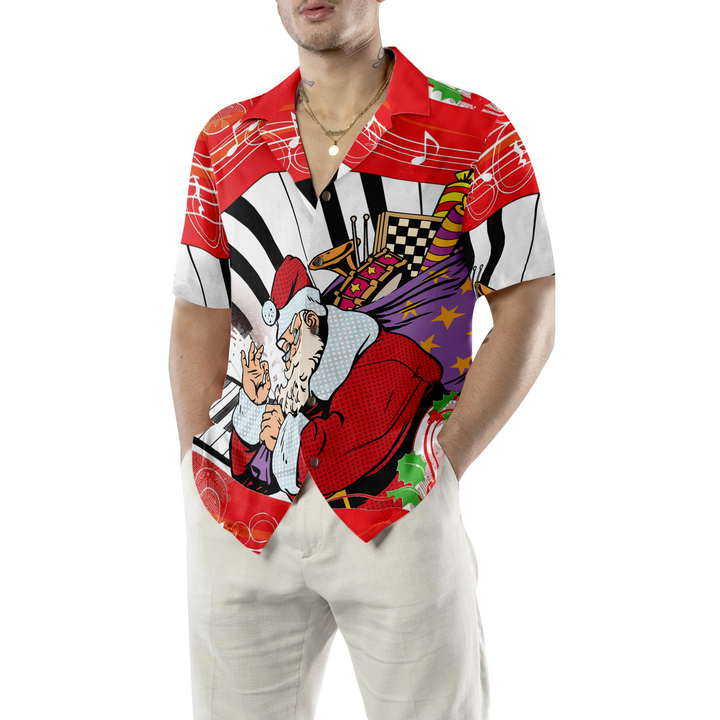 Drune | Hyperfavor Weihnachten Hawaiian Shirts, Weihnachtsmann Mit Klavier Hintergrund Kurzarmshirt, Weihnachtshemden Geschenkidee Für Männer Und Frauen