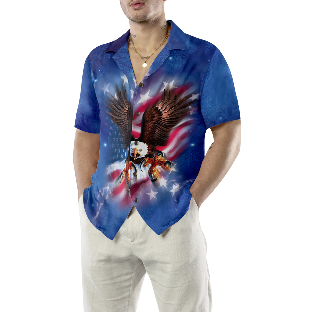 Drune | Hyperfavor Weihnachts-Hawaiian-Shirts für Männer und Frauen, Adler fliegt mit amerikanischer Flagge Hawaiian Shirt Button-Down-Shirt Kurzarm