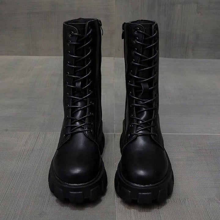 Drune | Moderne Schnürverschluss Reißverschluss Seiten Profilsohle Chunky Heel Stiefel Bis Zur Wade