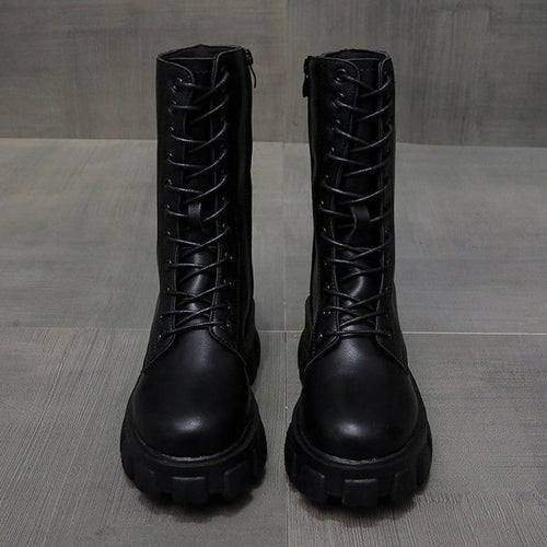 Drune | Moderne Schnürverschluss Reißverschluss Seiten Profilsohle Chunky Heel Stiefel Bis Zur Wade