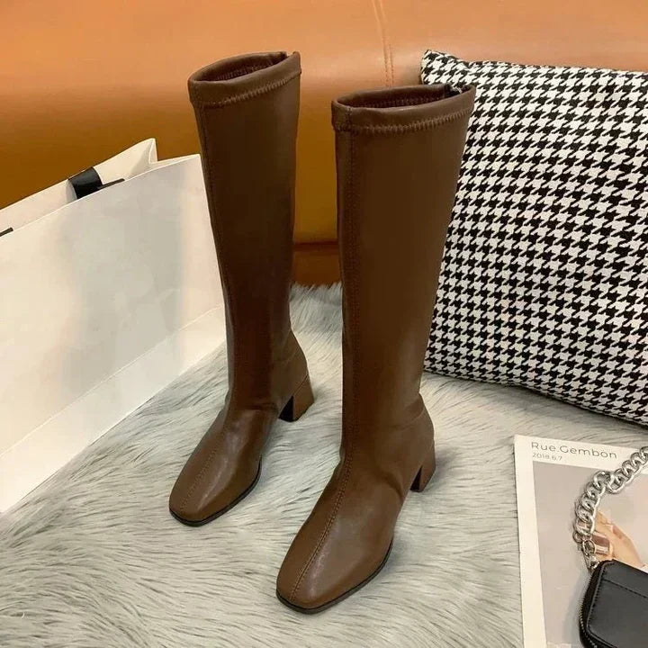 Drune | elegante kniehohe Stiefel Blockabsatz