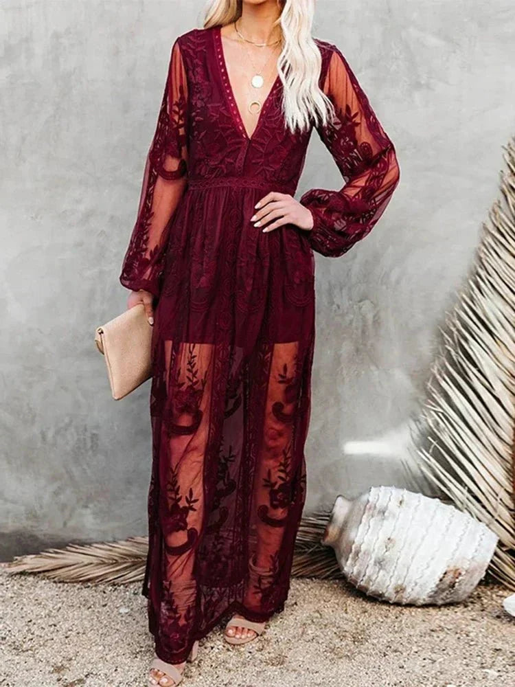 Drune | Elegantes und Fließendes Boho Spitzen-Maxikleid für Damen