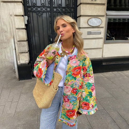 Drune | Steppjacke Übergroße Passform Knopfverschluss Floral Hüftlänge