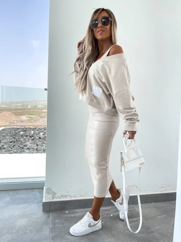 Drune | Stilvolles Off Shoulder Crop Top und Midi Rock Set