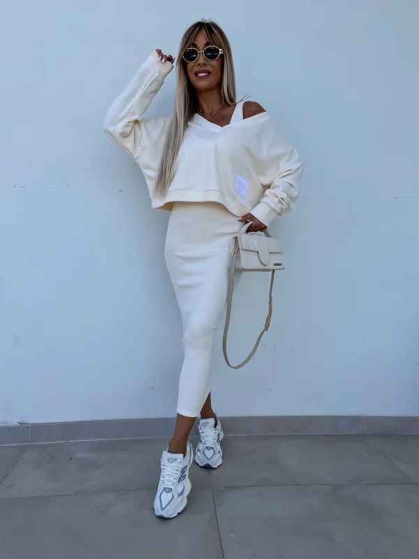 Drune | Stilvolles Off Shoulder Crop Top und Midi Rock Set