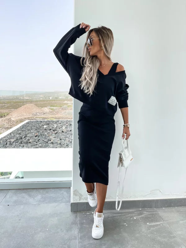 Drune | Stilvolles Off Shoulder Crop Top und Midi Rock Set