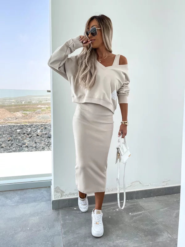 Drune | Stilvolles Off Shoulder Crop Top und Midi Rock Set
