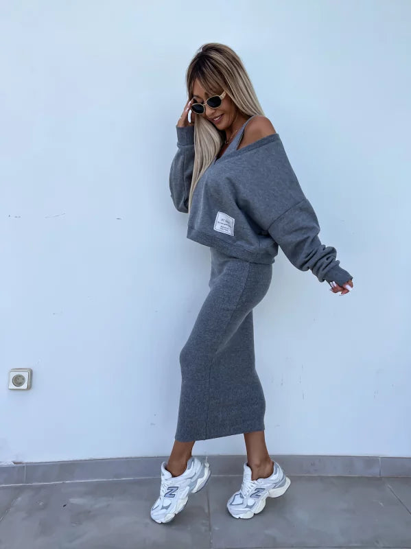 Drune | Stilvolles Off Shoulder Crop Top und Midi Rock Set