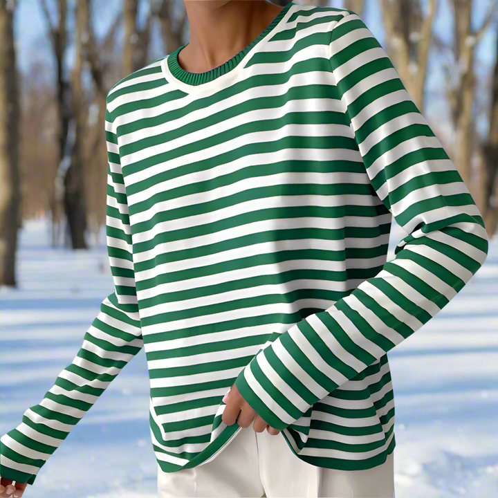 Drune | Langarm-T-Shirt Gestreift Rundhals Relaxed Fit Atmungsaktive Baumwolle