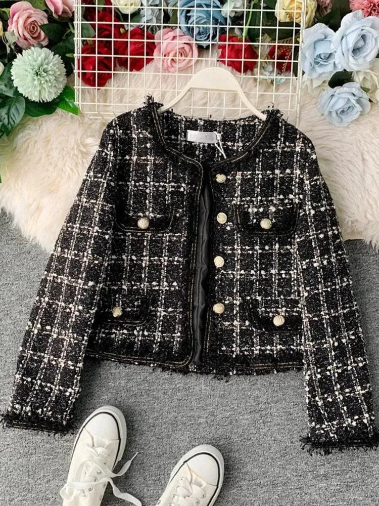 Drune | Patchwork Vintage Cropped Tweed Jacke Frauen