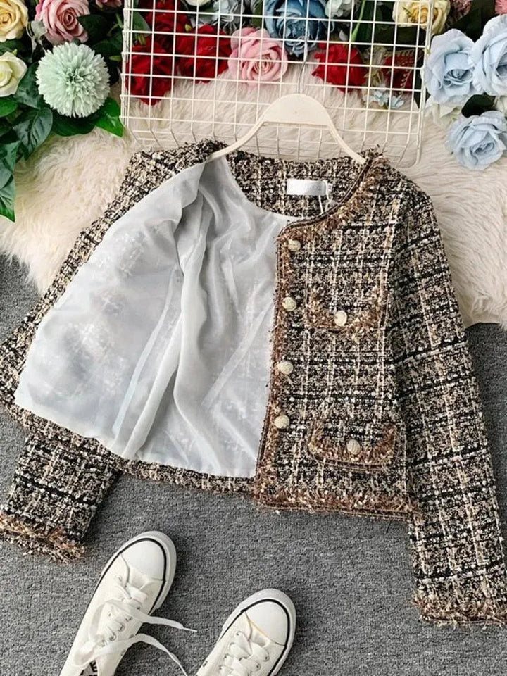 Drune | Patchwork Vintage Cropped Tweed Jacke Frauen