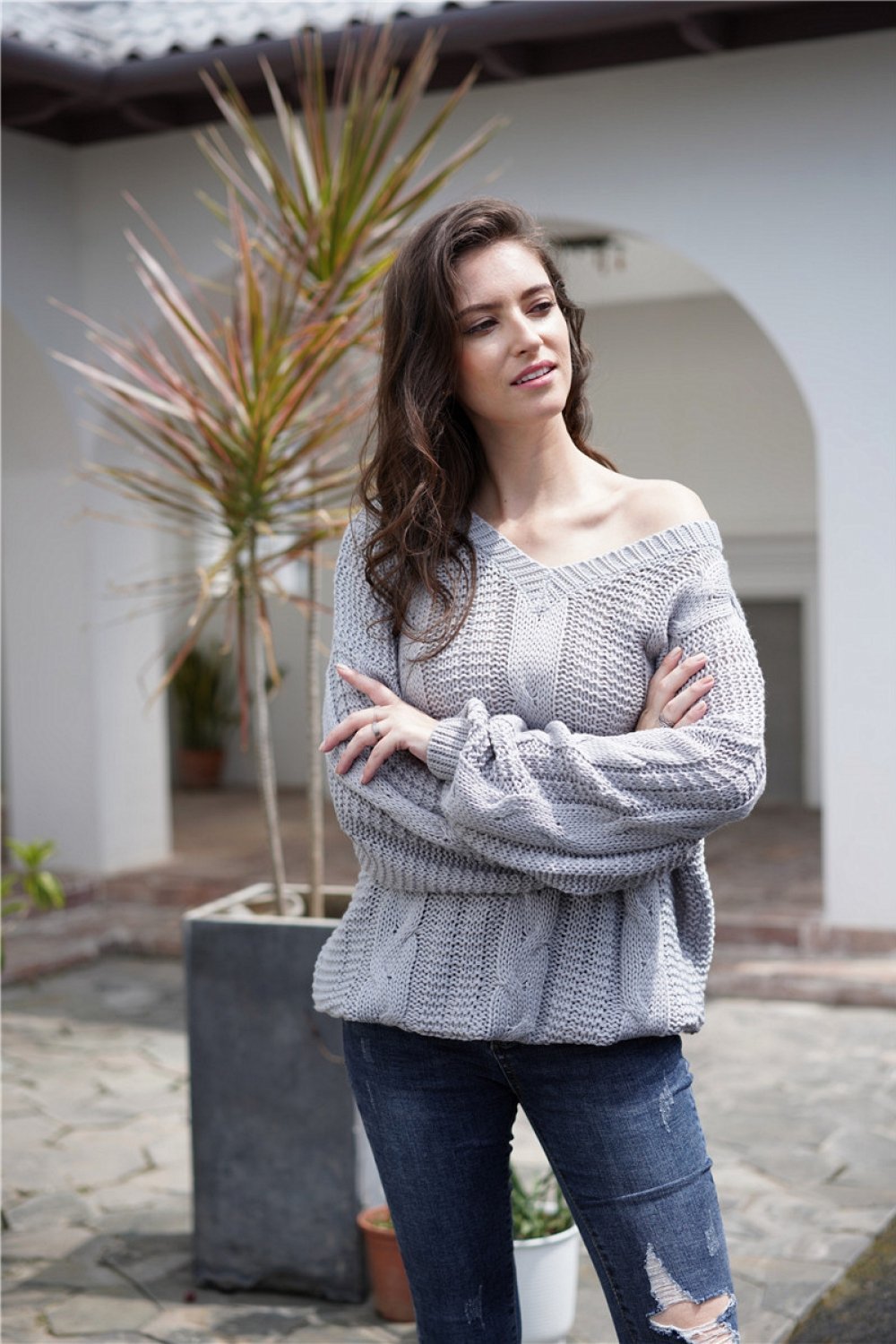 Drune Schlichtes Kabelstrick Lockere Sweatshirt