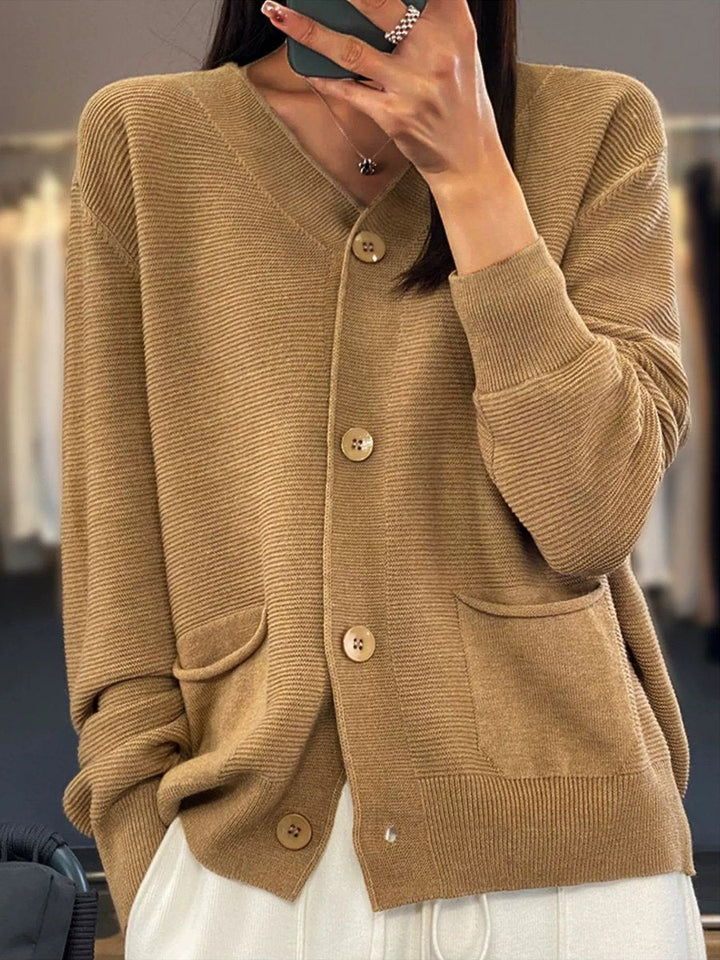 Drune | Cardigan - Taschen Einfarbiger V-Ausschnitt Strick-Cardigan, Einfach und Vielseitig