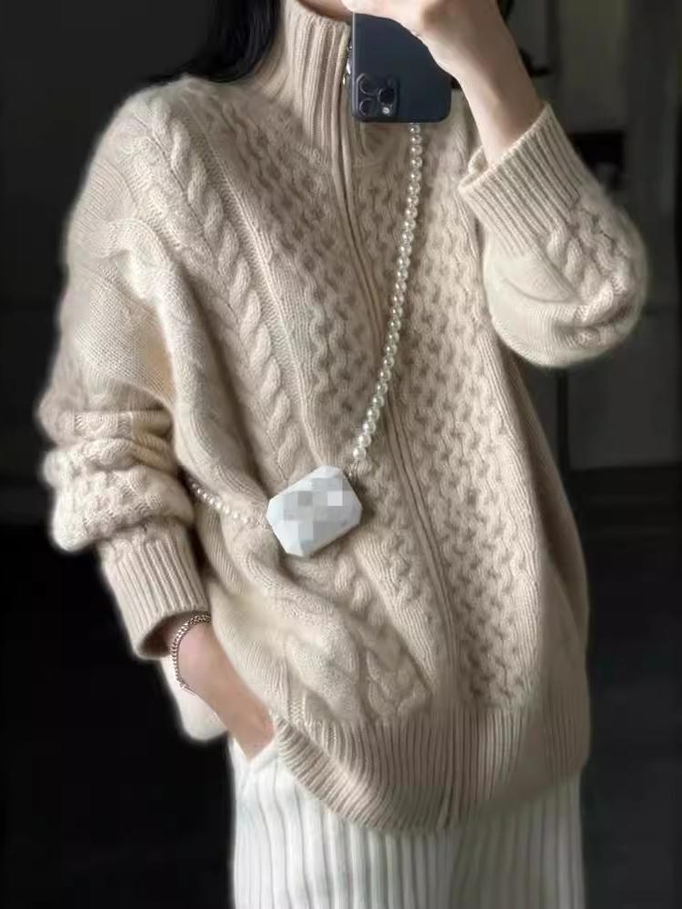 Drune | Cardigan - Stilvoller dicker Rollkragen Kabelstrick Kaschmir Cardigan