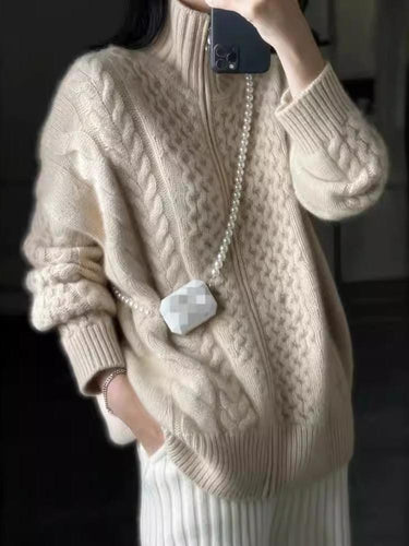 Drune | Cardigan - Stilvoller dicker Rollkragen Kabelstrick Kaschmir Cardigan