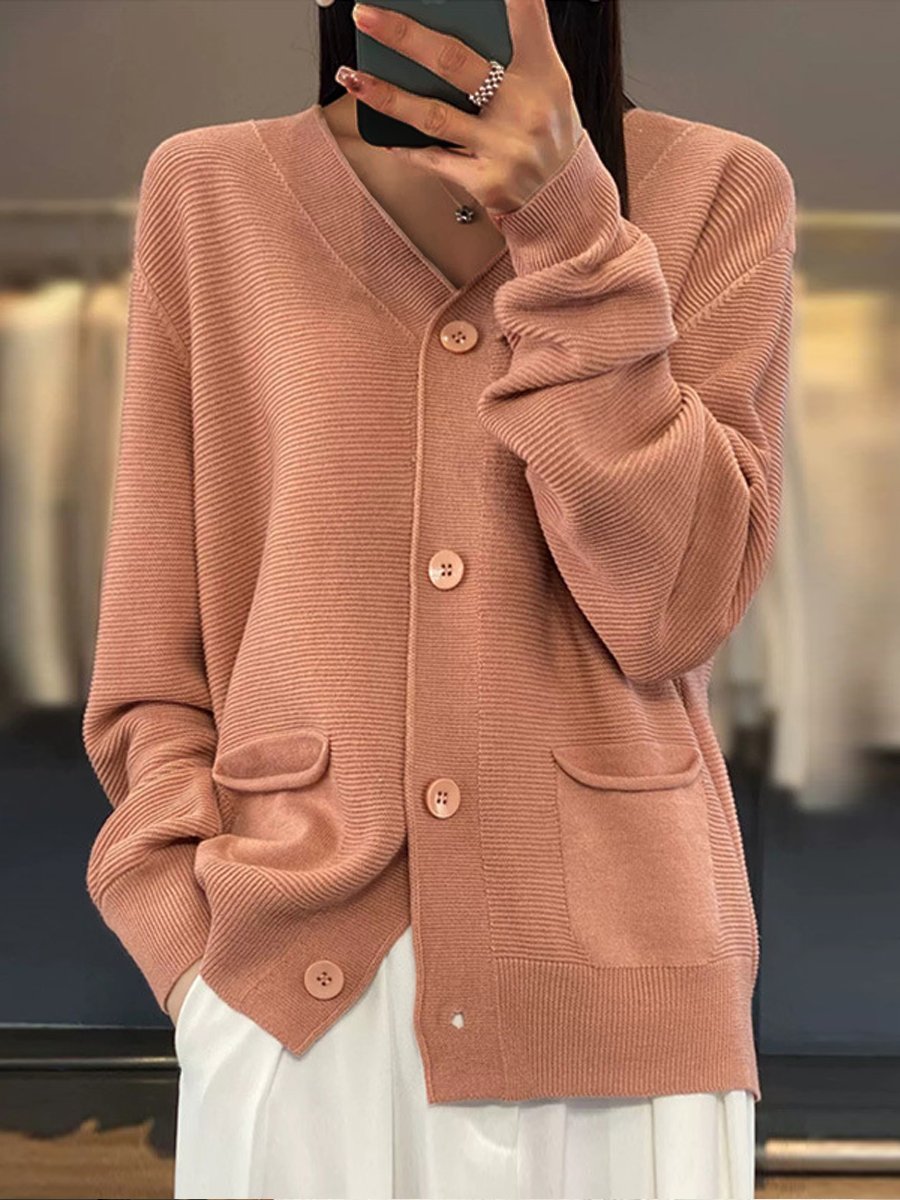 Drune | Cardigan - Taschen Einfarbiger V-Ausschnitt Strick-Cardigan, Einfach und Vielseitig