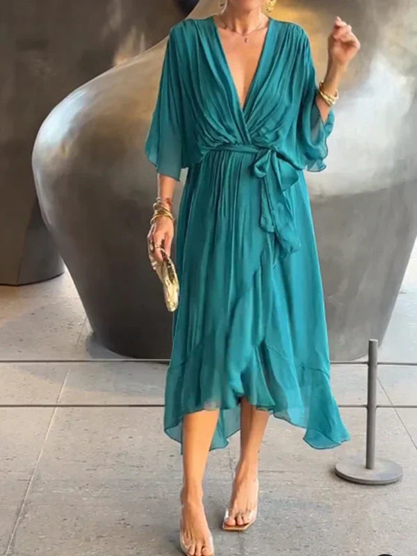 Drune | Grünes Chiffonkleid mit V-Ausschnitt