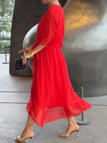 Drune | Grünes Chiffonkleid mit V-Ausschnitt