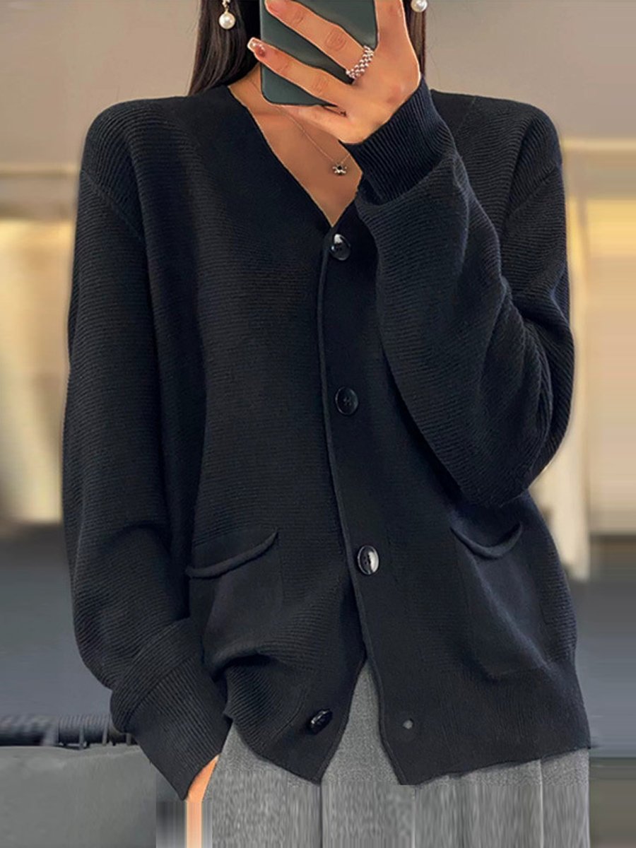 Drune | Cardigan - Taschen Einfarbiger V-Ausschnitt Strick-Cardigan, Einfach und Vielseitig