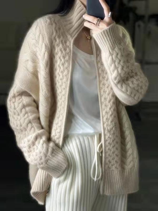 Drune | Cardigan - Stilvoller dicker Rollkragen Kabelstrick Kaschmir Cardigan