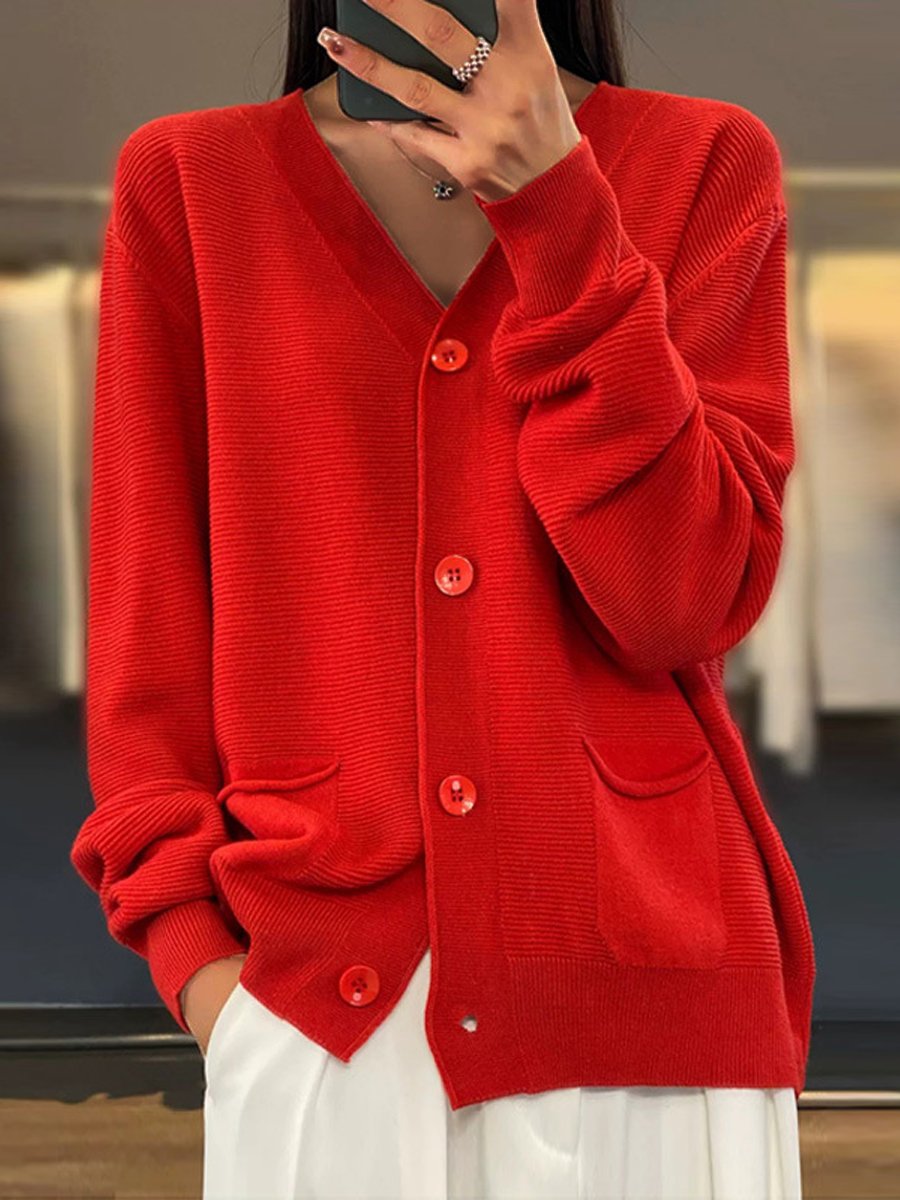 Drune | Cardigan - Taschen Einfarbiger V-Ausschnitt Strick-Cardigan, Einfach und Vielseitig