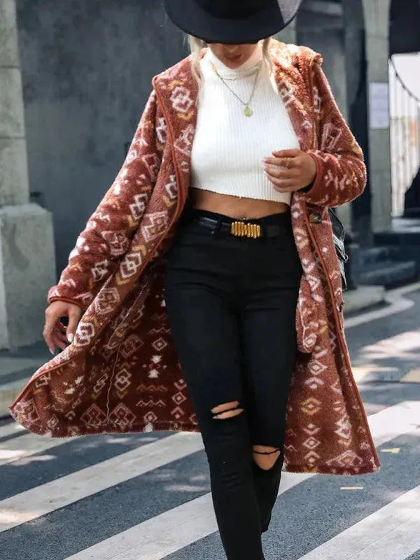 Drune | Bedruckter Kapuzen-Trenchcoat für Frauen