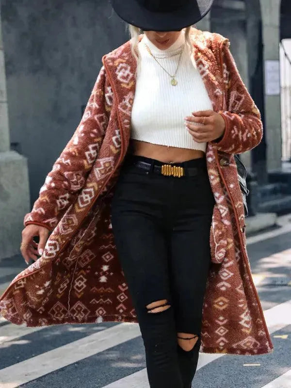 Drune | Bedruckter Kapuzen-Trenchcoat für Frauen