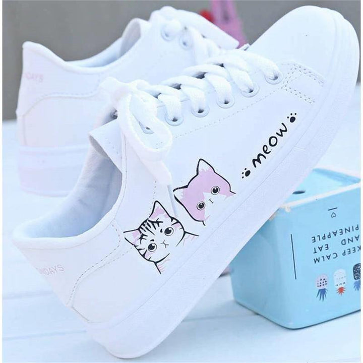 Drune | Bedruckte Pu Schuhe Süße Katzen Schnürsneaker