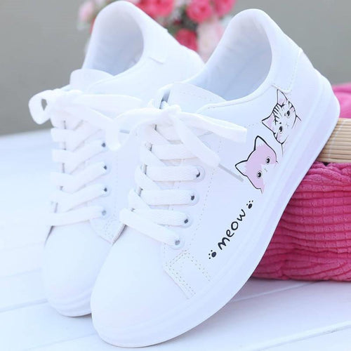 Drune | Bedruckte Pu Schuhe Süße Katzen Schnürsneaker