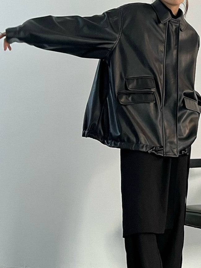 Drune | oversized schwarzer veganer Lederjacke mit Reißverschluss