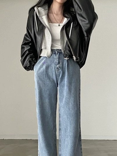 Drune | Vintage Kordelzug Veganes Lederjacke mit Kragen