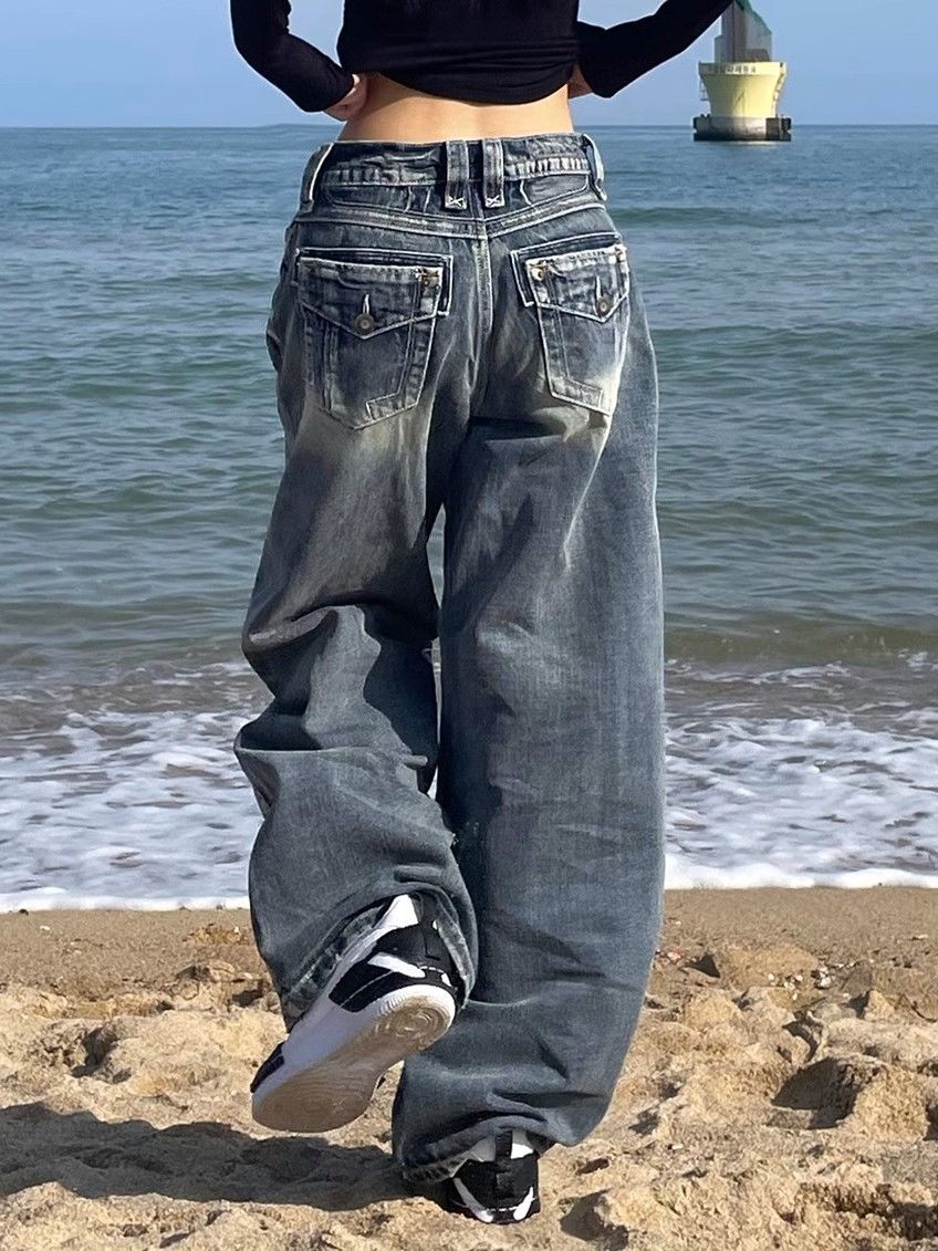 Drune | Hop Gewaschene Distressed Hoher Taille Baggy Jeans