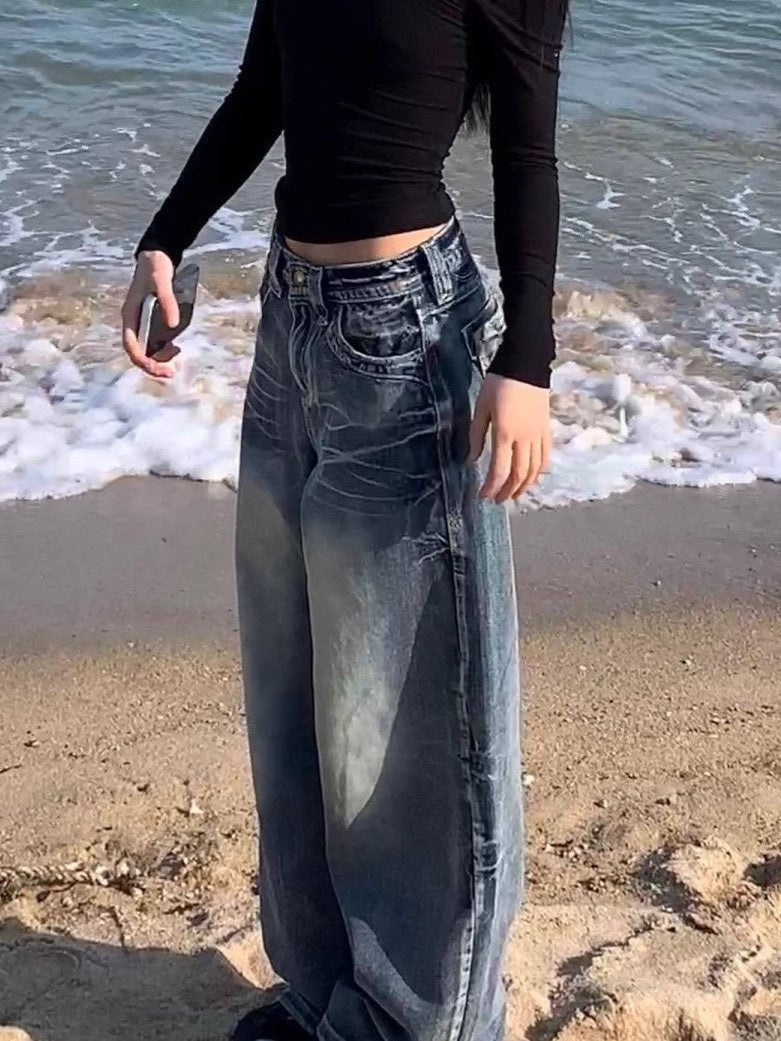 Drune | Hop Gewaschene Distressed Hoher Taille Baggy Jeans