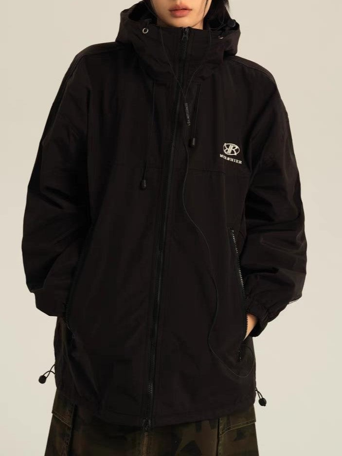 Drune | retro schwarze wasserdichte Outdoorjacke mit Kapuze