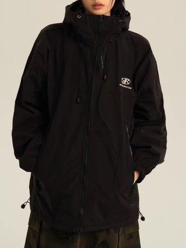 Drune | retro schwarze wasserdichte Outdoorjacke mit Kapuze