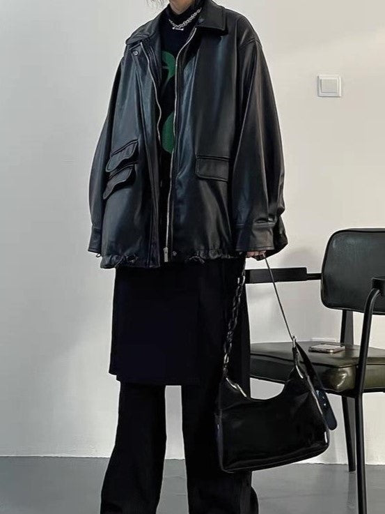 Drune | oversized schwarzer veganer Lederjacke mit Reißverschluss