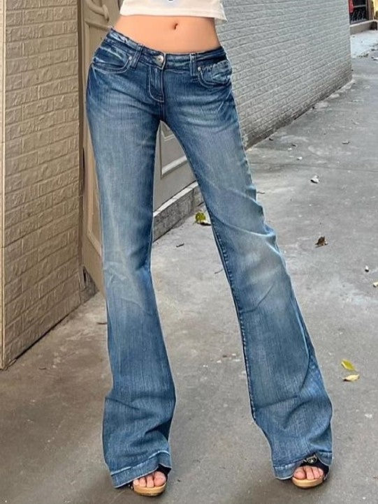Drune | Blaue Verwaschene Low Waist Schlag Jeans