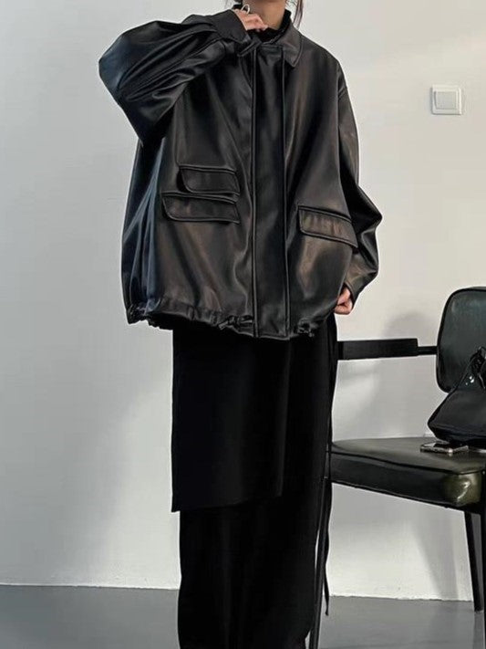 Drune | oversized schwarzer veganer Lederjacke mit Reißverschluss