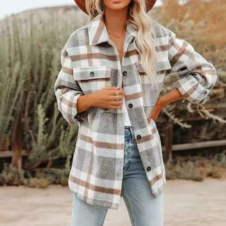 Drune | Übergröße Damen Wolljacke mit Karomuster und Taschen