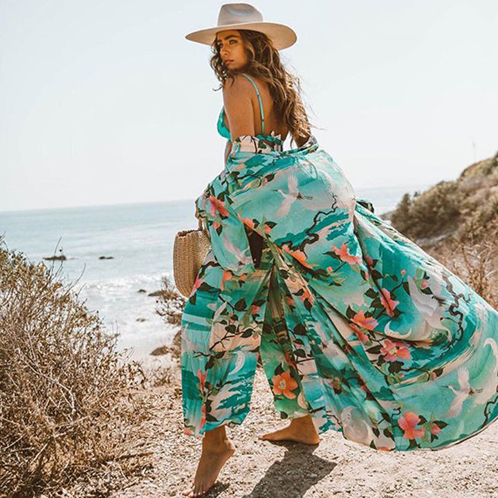 Drune | Grüner Blumenprint Kimono Strickjacke