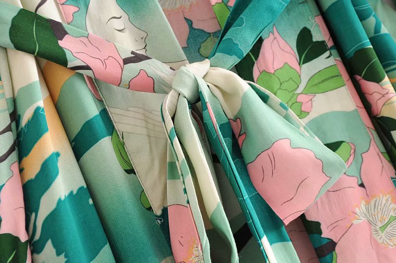 Drune | Grüner Blumenprint Kimono Strickjacke