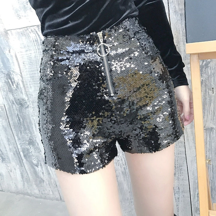 Drune | Pailletten Shorts Hohe Taille Oring Reißverschluss Front Bodycon